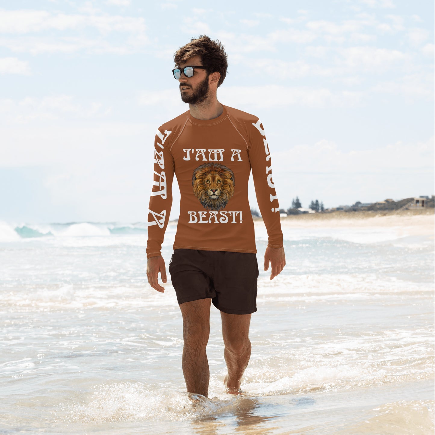 “I’AM A BEAST!”Brown Men's Rash Guard W/White Font