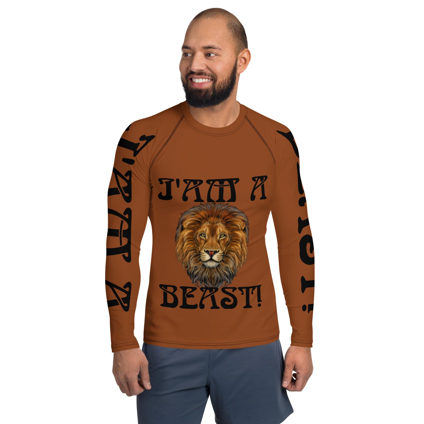 “I’AM A BEAST!”Brown Men's Rash Guard W/Black Font