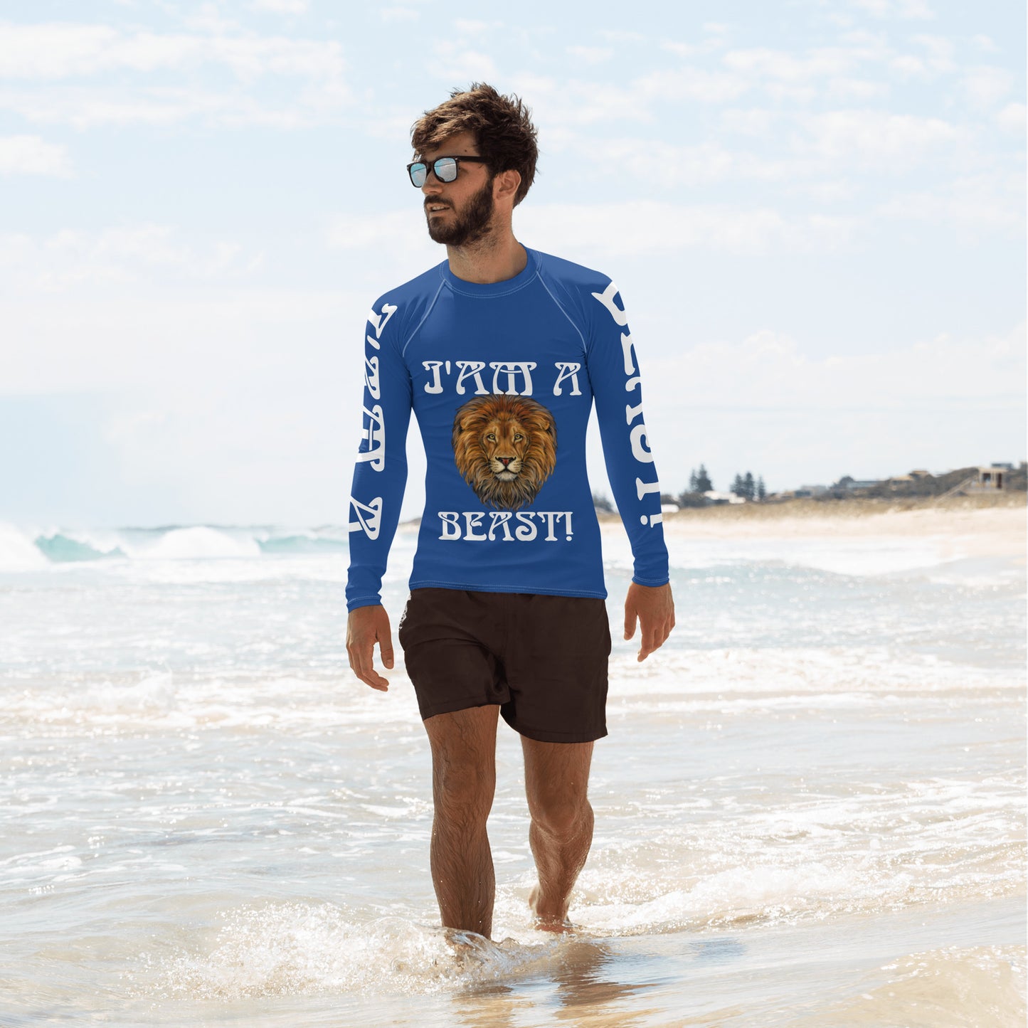 “I’AM A BEAST!”Blue Men's Rash Guard W/White Font