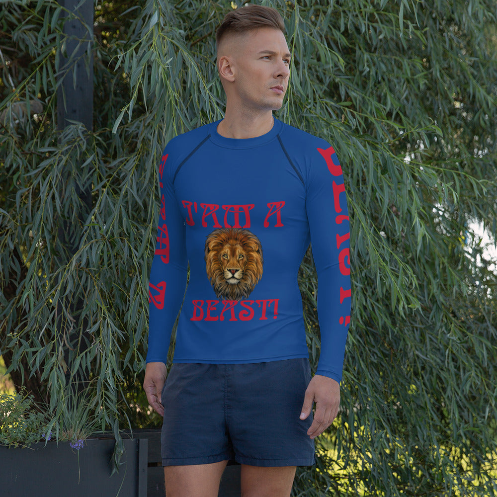 “I’AM A BEAST!”Blue Men's Rash Guard W/Red Font