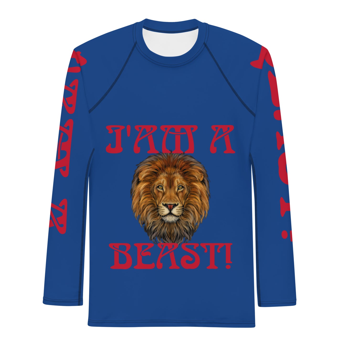 “I’AM A BEAST!”Blue Men's Rash Guard W/Red Font