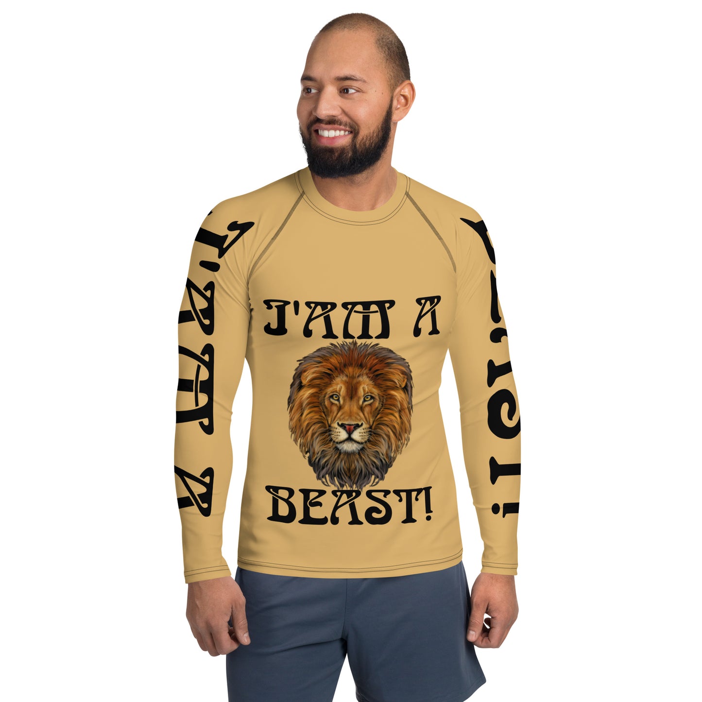 “I’AM A BEAST!” Fawn Men's Rash Guard W/Black Font