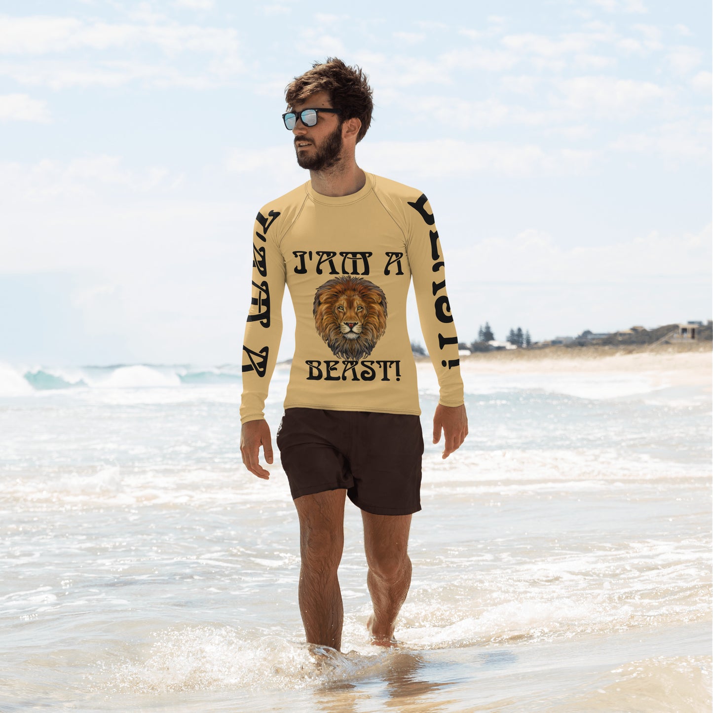 “I’AM A BEAST!” Fawn Men's Rash Guard W/Black Font