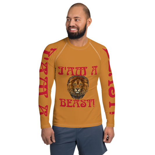 “I’AM A BEAST!”Bronze Men's Rash Guard W/Red Font