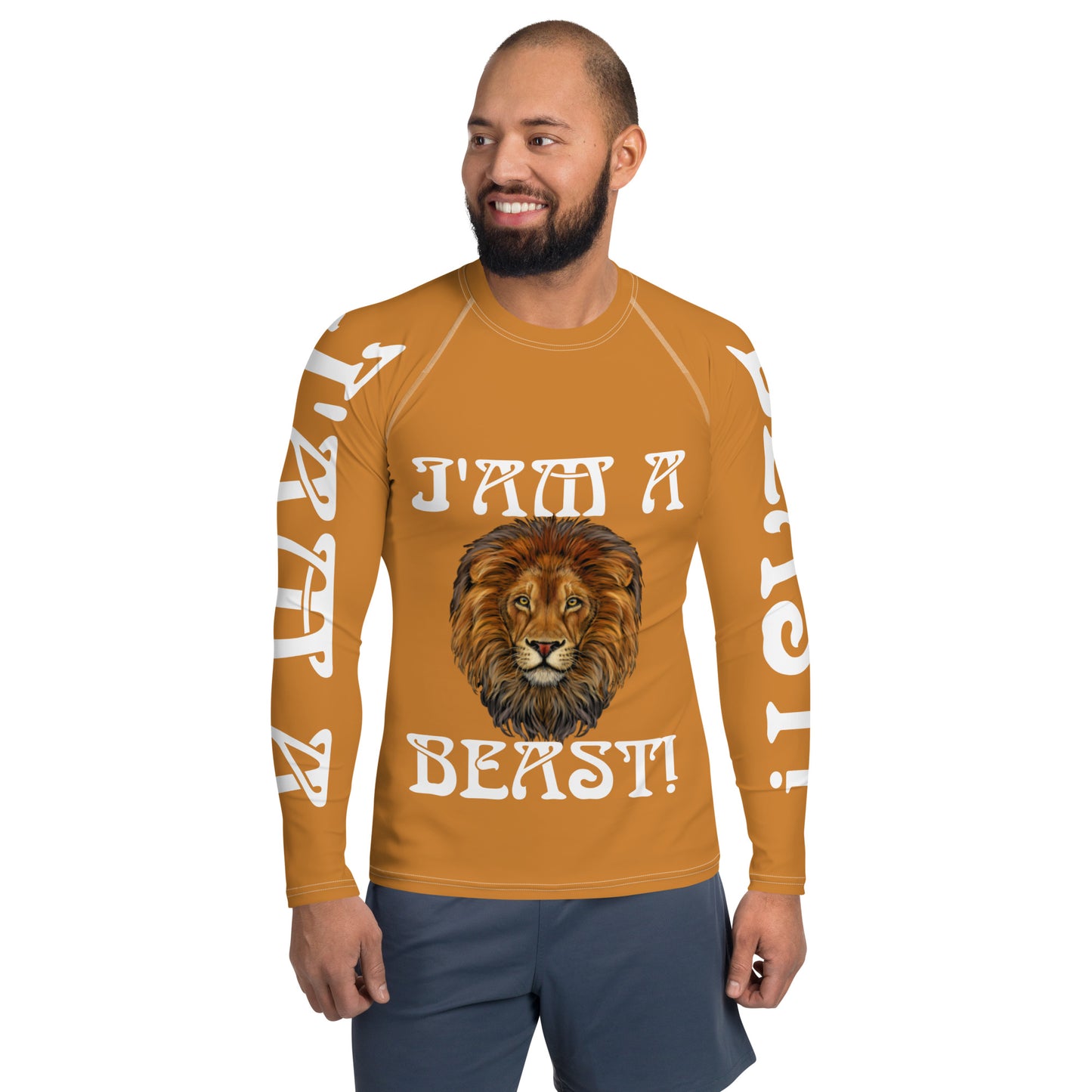 “I’AM A BEAST!”Bronze Men's Rash Guard W/White Font