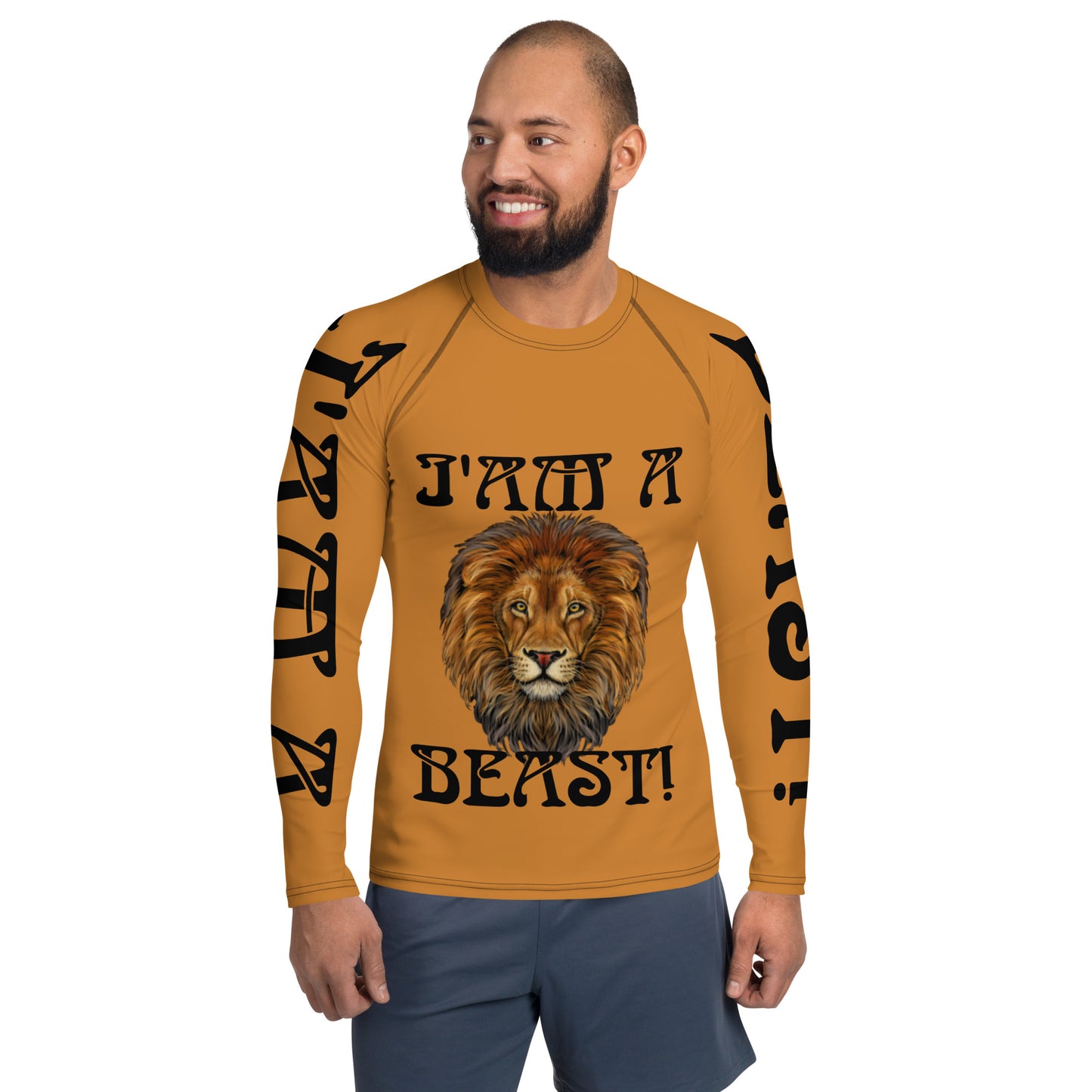 “I’AM A BEAST!” Bronze Men's Rash Guard W/Black Font