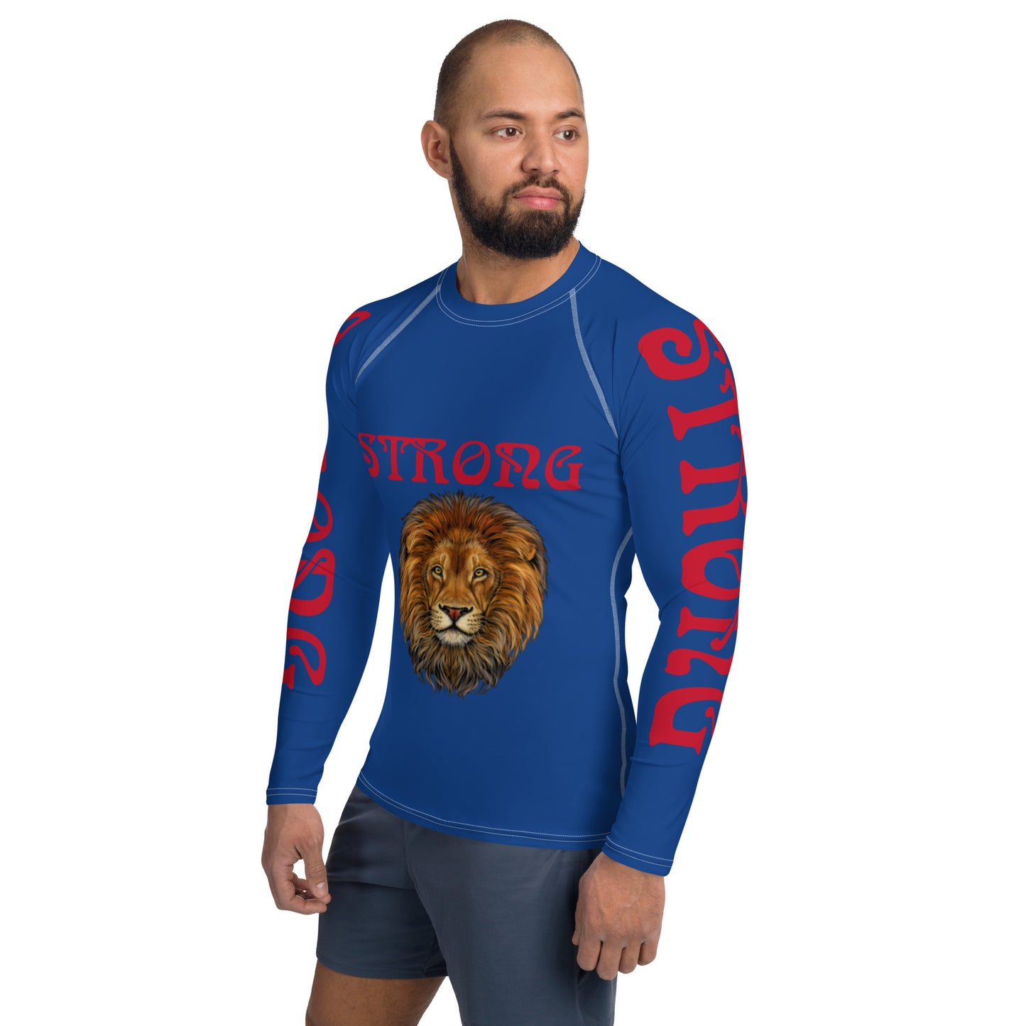 “STRONG”Blue Men's Rash Guard W/Red Font