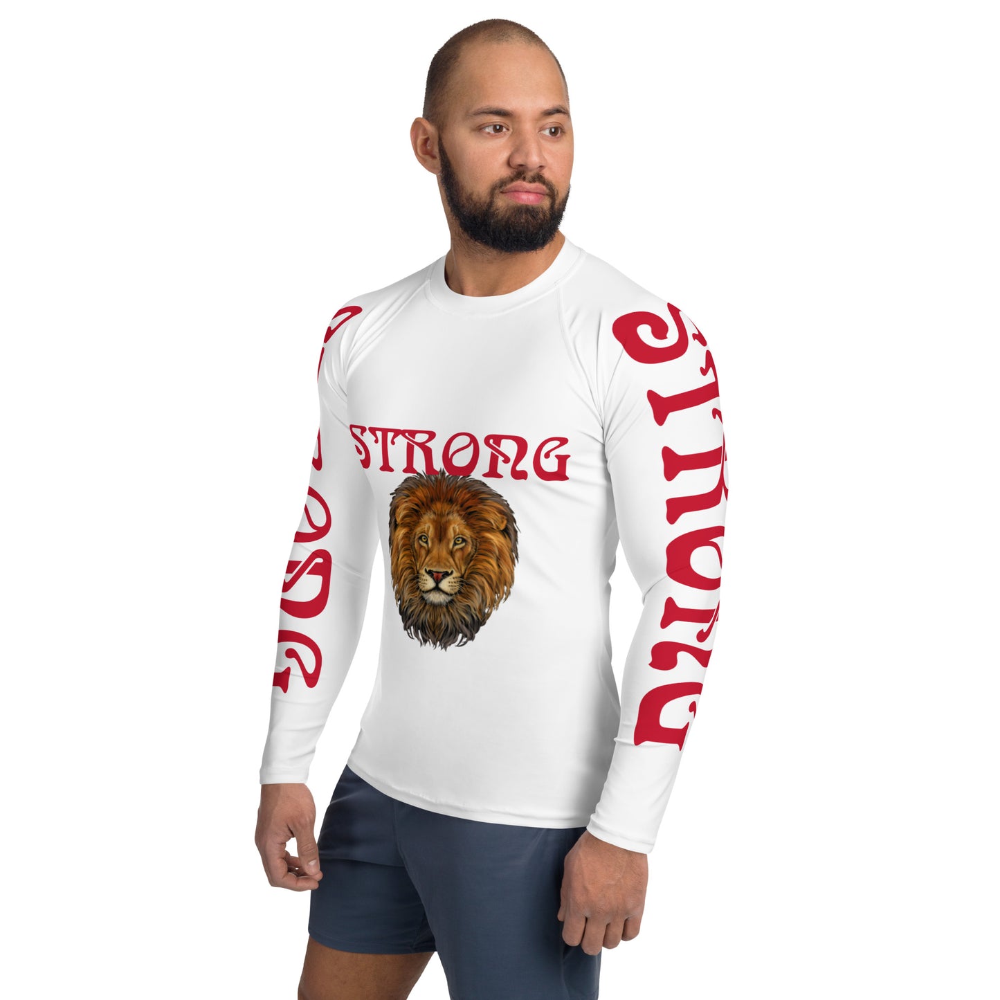 “STRONG" White Men's Rash Guard W/Red Font