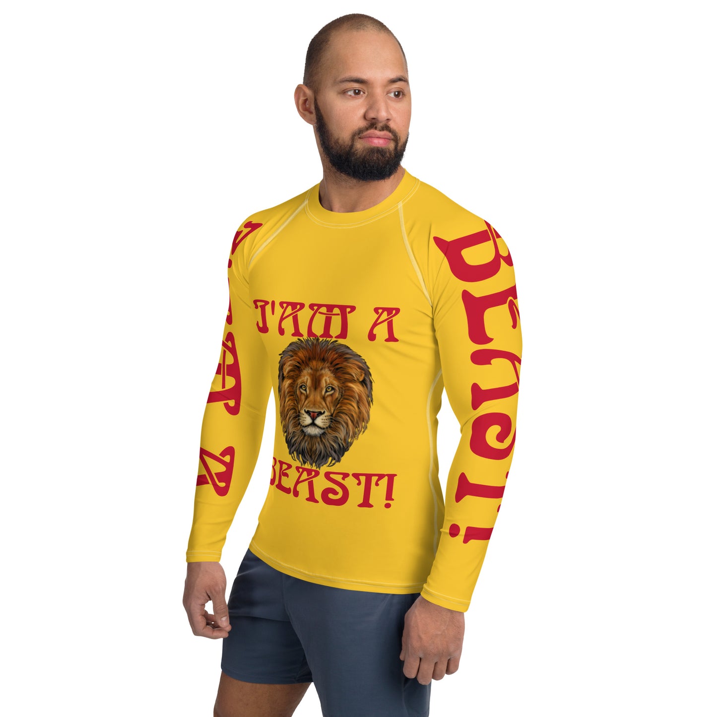 “I’AM A BEAST!”Yellow Men's Rash Guard W/Red Font