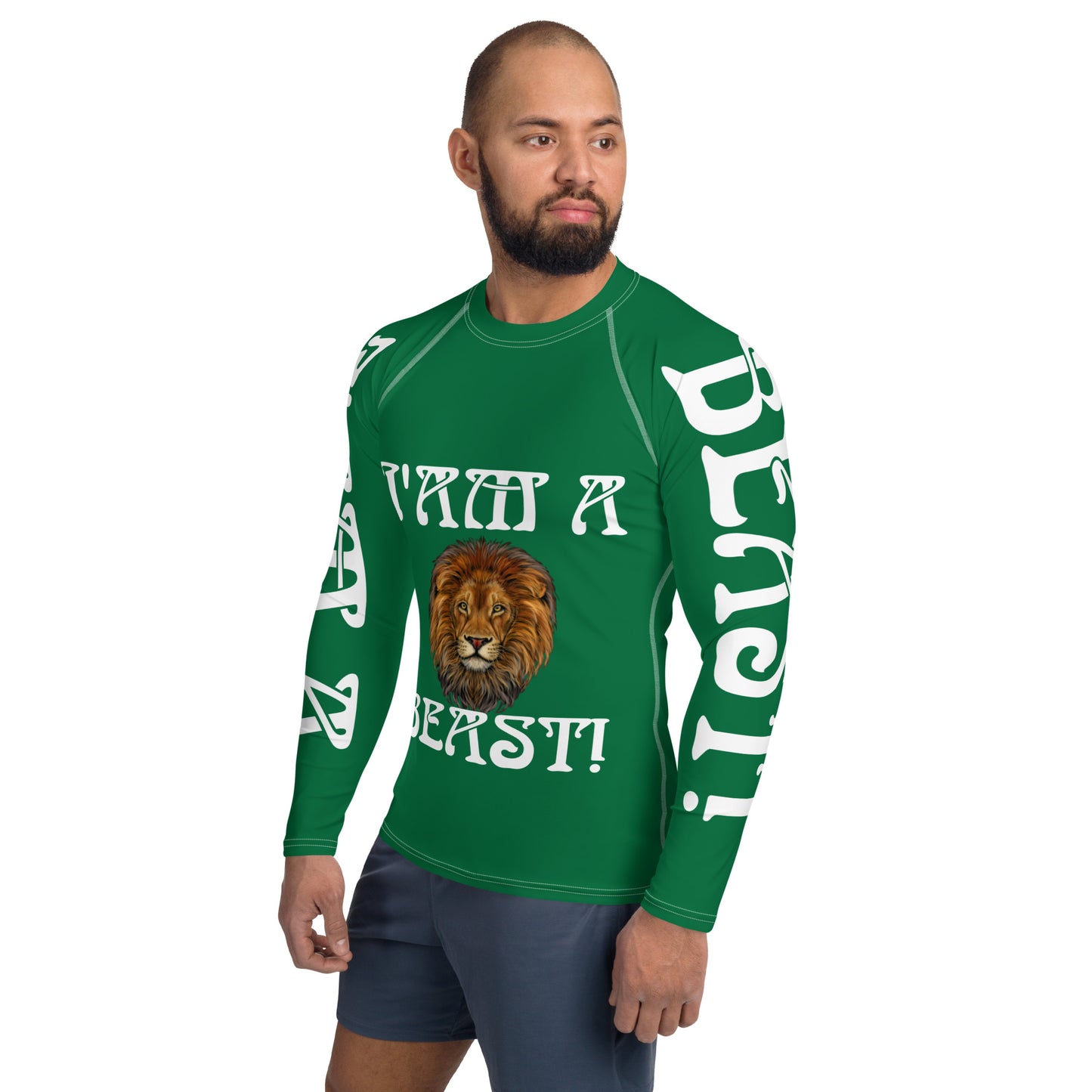 “I’AM A BEAST!”Green Men's Rash Guard W/White Font