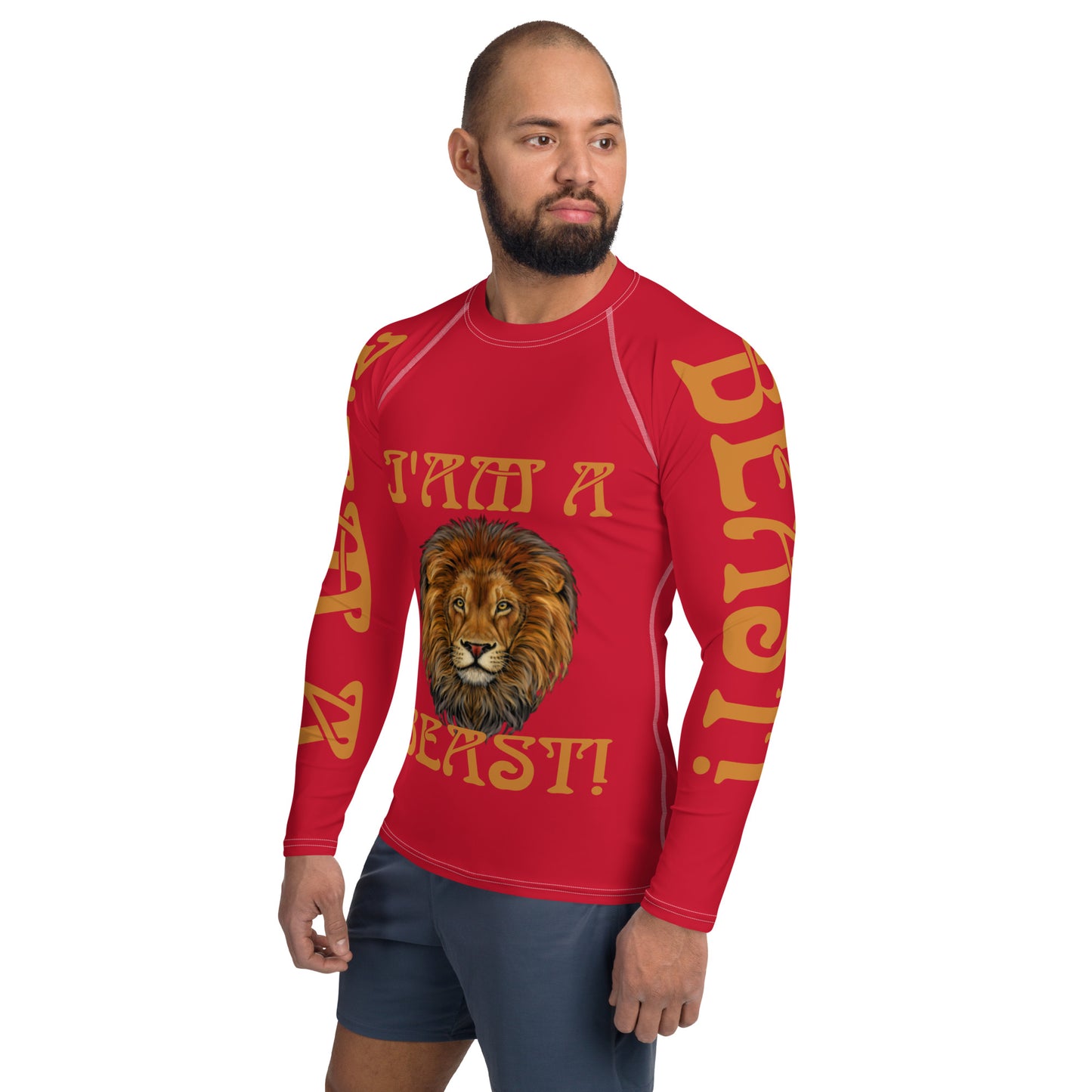 “I’AM A BEAST!" Red Men's Rash Guard W/Bronze Font