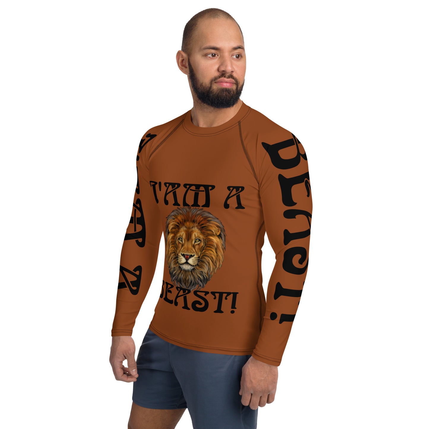 “I’AM A BEAST!”Brown Men's Rash Guard W/Black Font