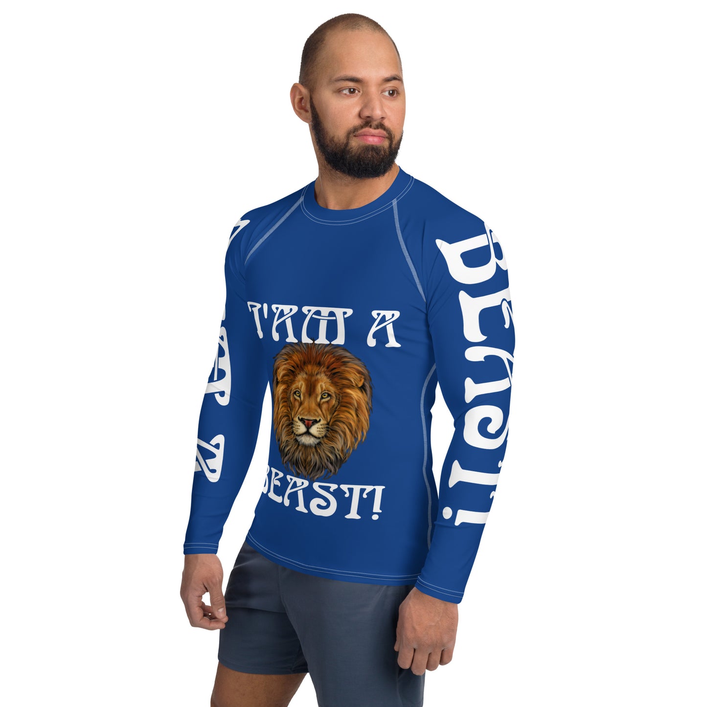 “I’AM A BEAST!”Blue Men's Rash Guard W/White Font