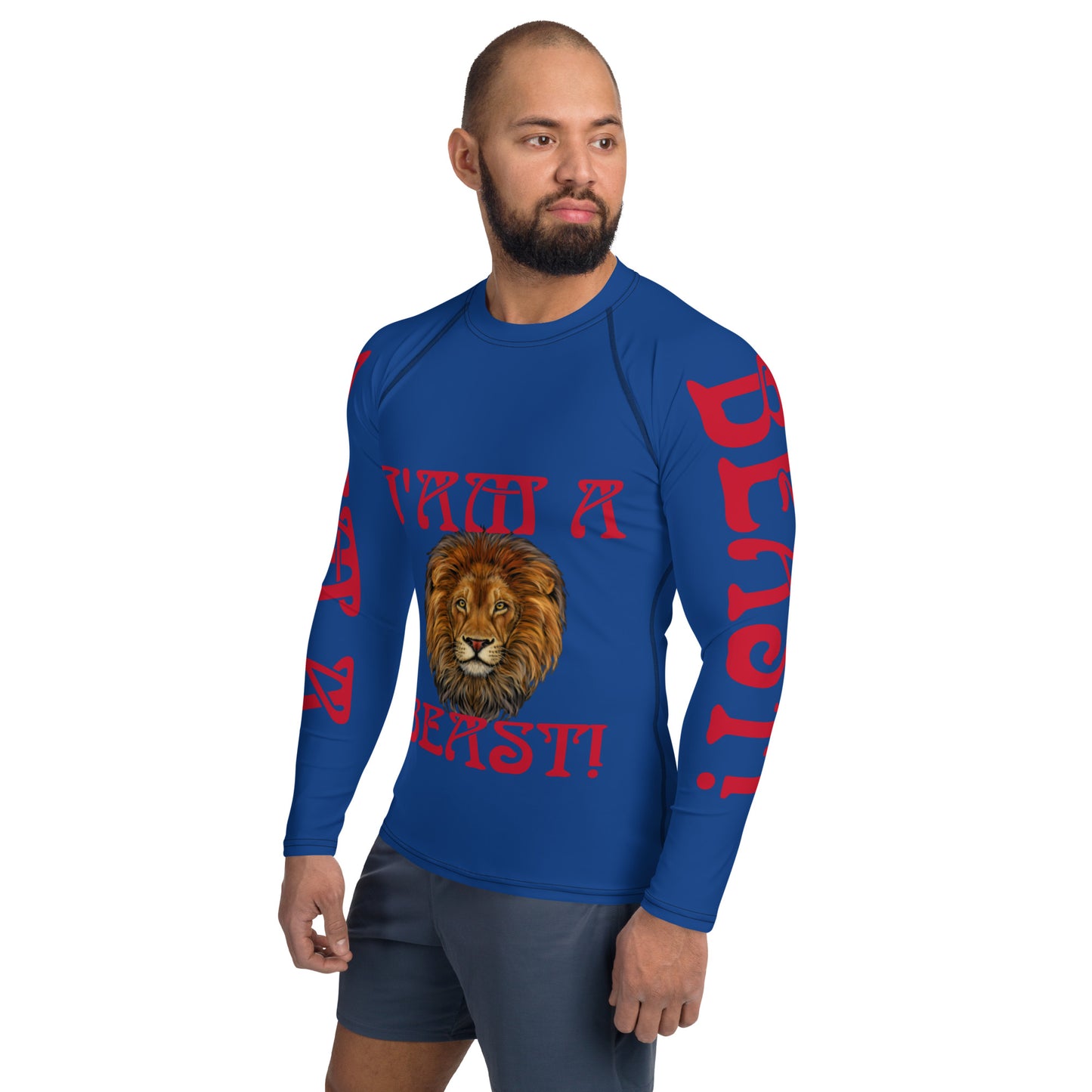 “I’AM A BEAST!”Blue Men's Rash Guard W/Red Font