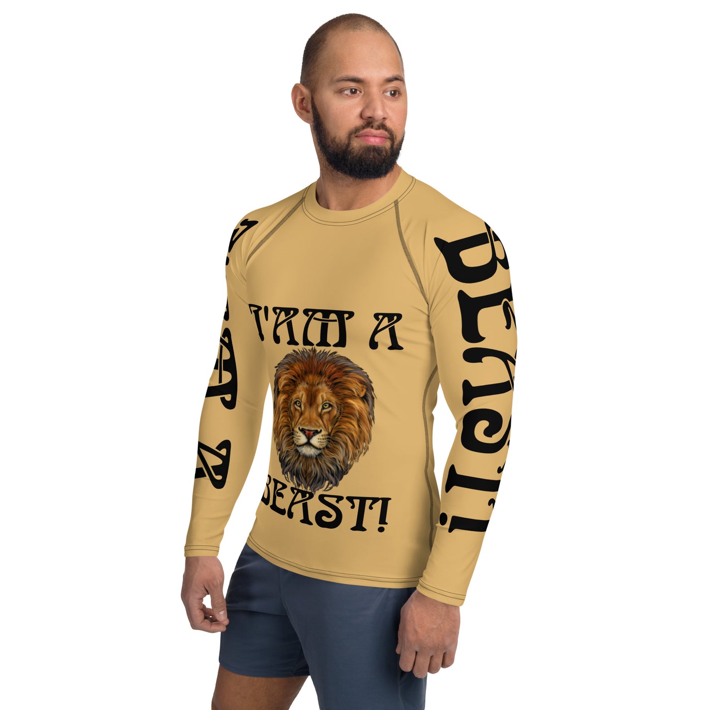 “I’AM A BEAST!” Fawn Men's Rash Guard W/Black Font