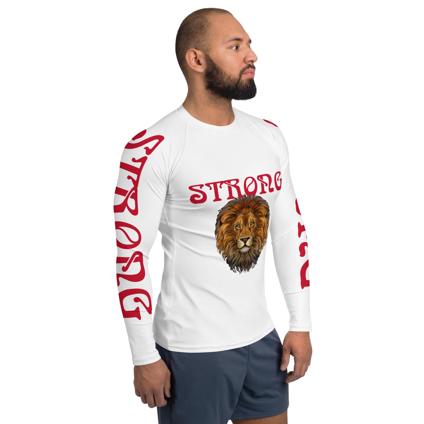 “STRONG" White Men's Rash Guard W/Red Font