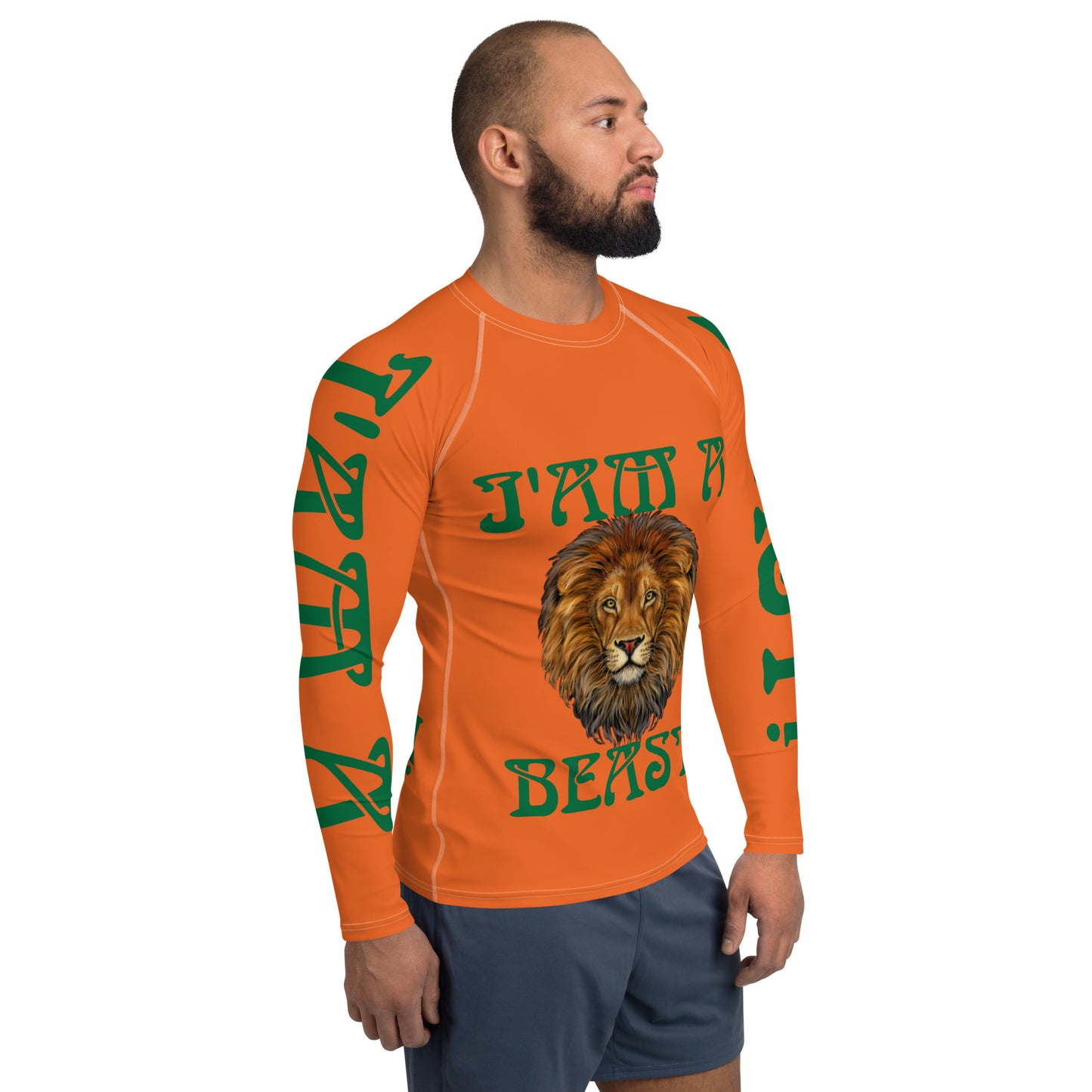 “I’AM A BEAST!”Orange Men's Rash Guard W/Green Font