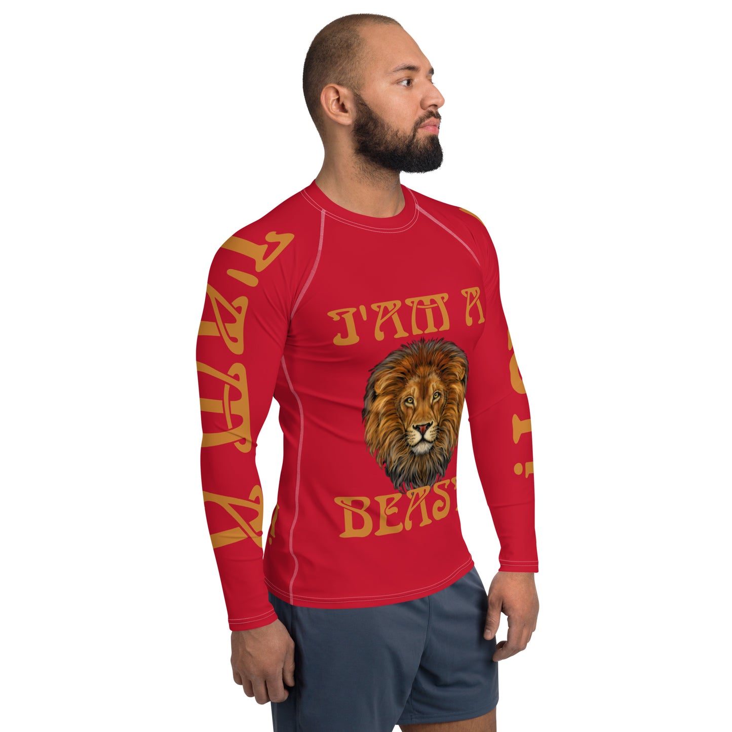 “I’AM A BEAST!" Red Men's Rash Guard W/Bronze Font