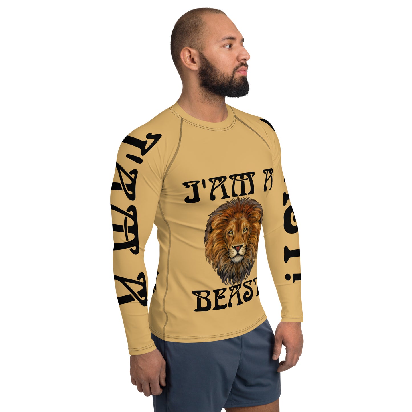 “I’AM A BEAST!” Fawn Men's Rash Guard W/Black Font