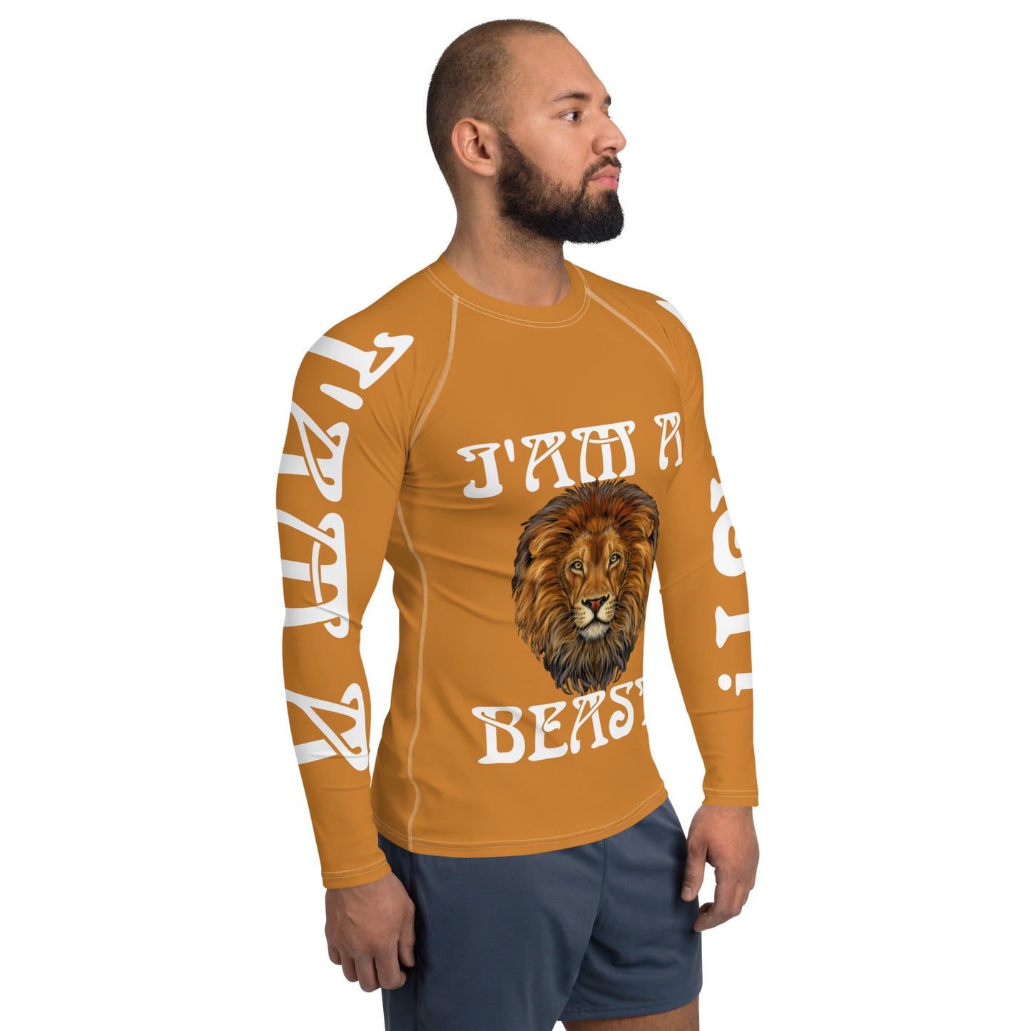 “I’AM A BEAST!”Bronze Men's Rash Guard W/White Font