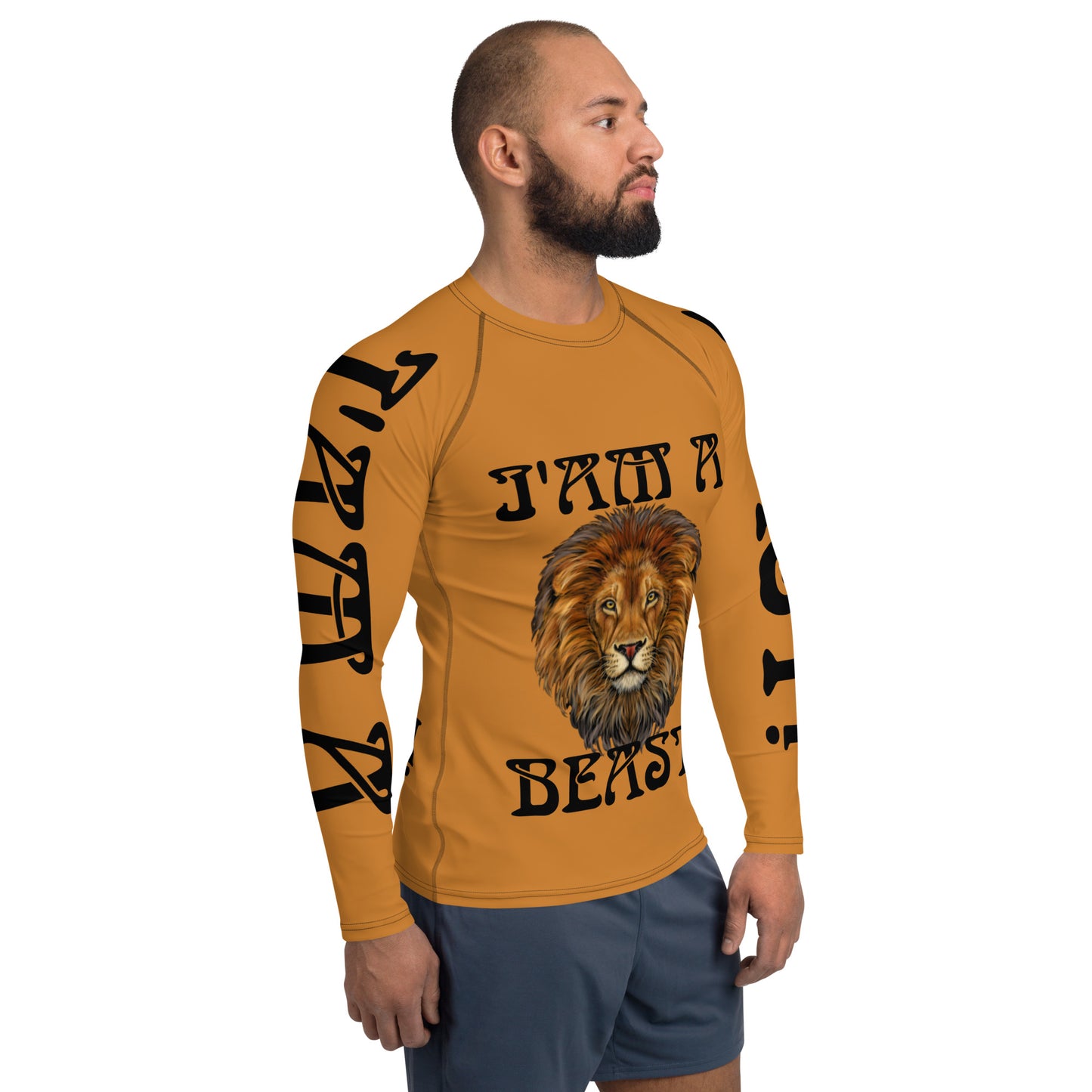 “I’AM A BEAST!” Bronze Men's Rash Guard W/Black Font