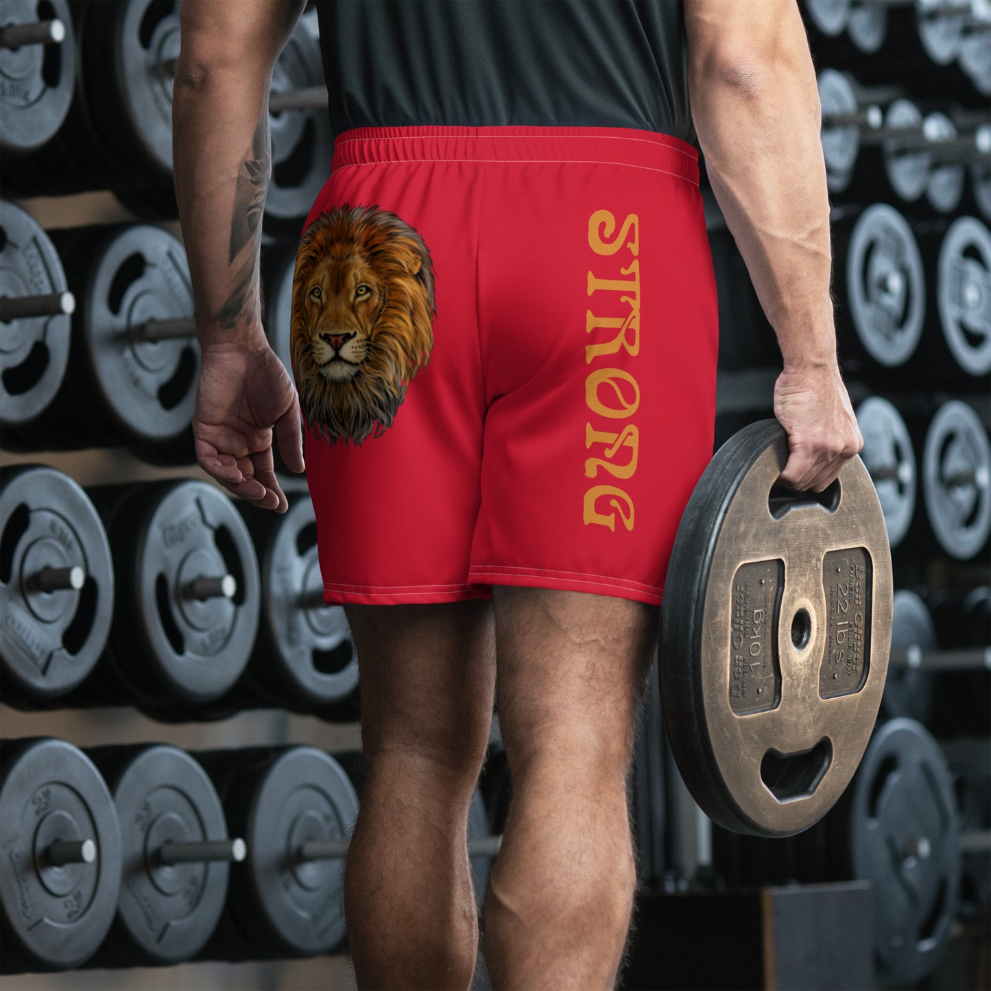 “STRONG”Red Men's Athletic Shorts W/Bronze Font