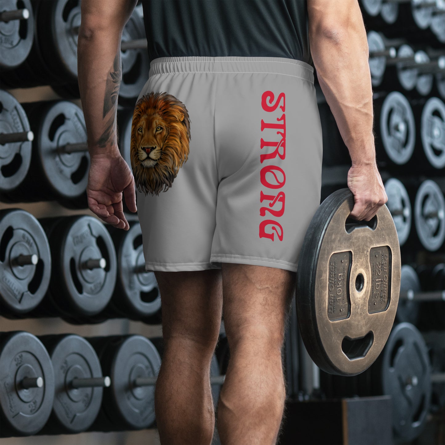 “STRONG”Grey Men's Athletic Shorts W/Red Font