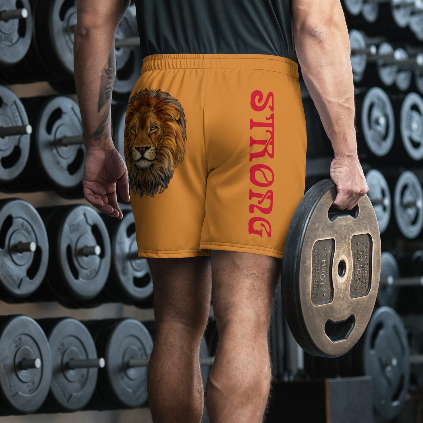 “STRONG”Bronze Men's Athletic Shorts W/Red Font