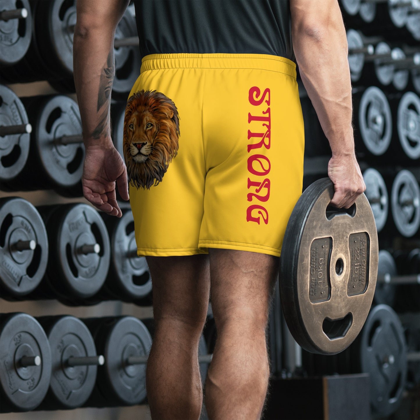 “STRONG”Yellow Men's Athletic Shorts W/Red Font