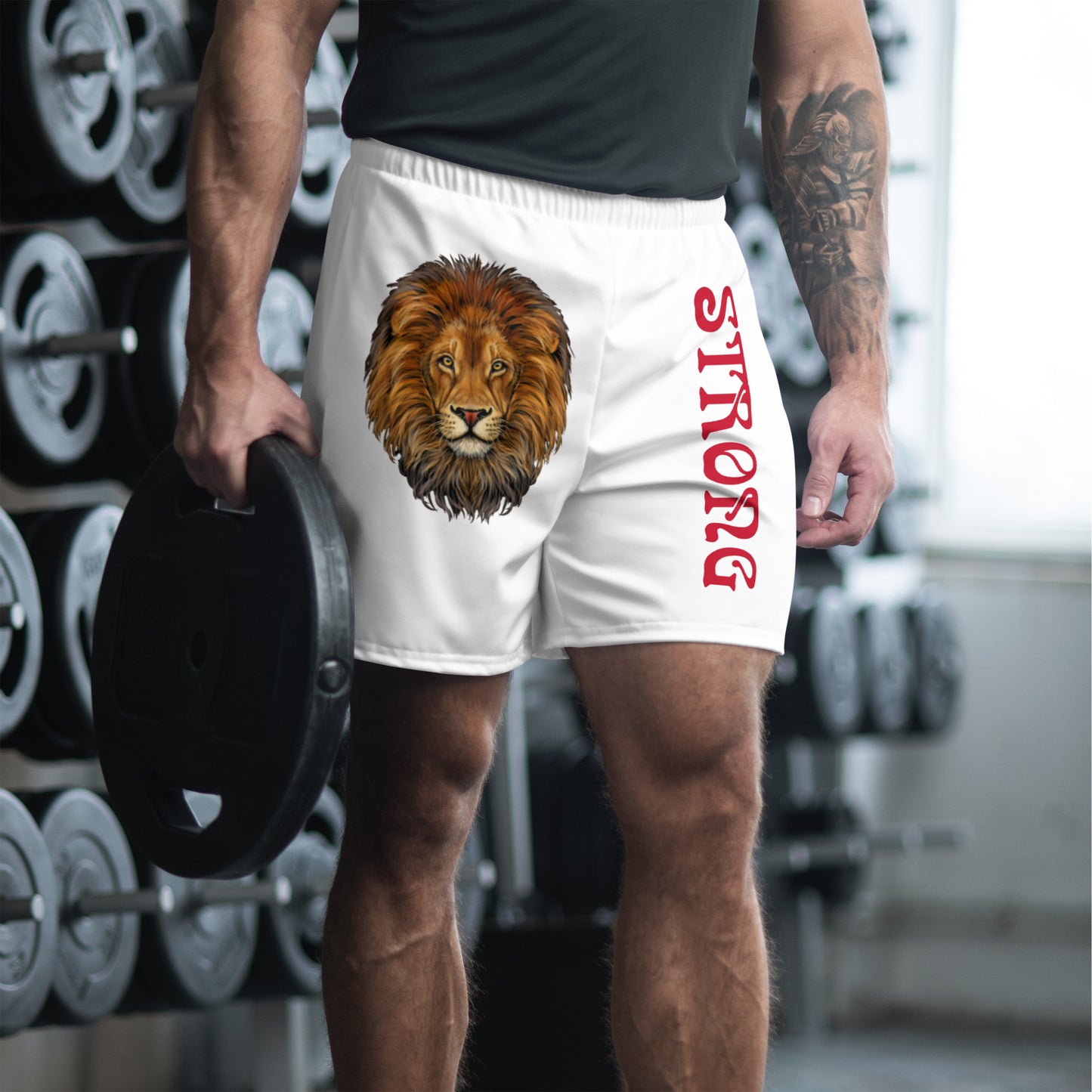 “STRONG” White Men's Athletic Shorts W/Red Font