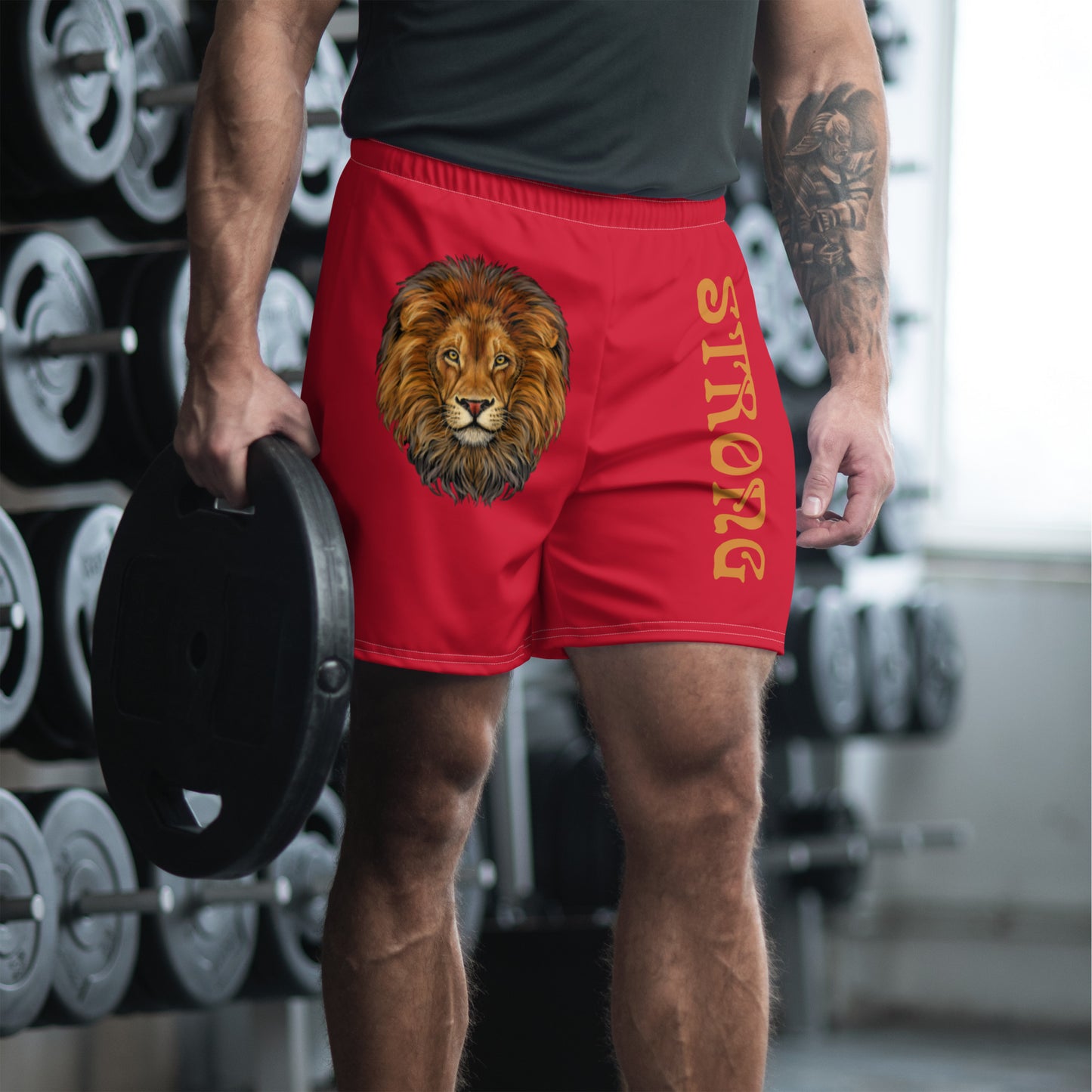 “STRONG”Red Men's Athletic Shorts W/Bronze Font