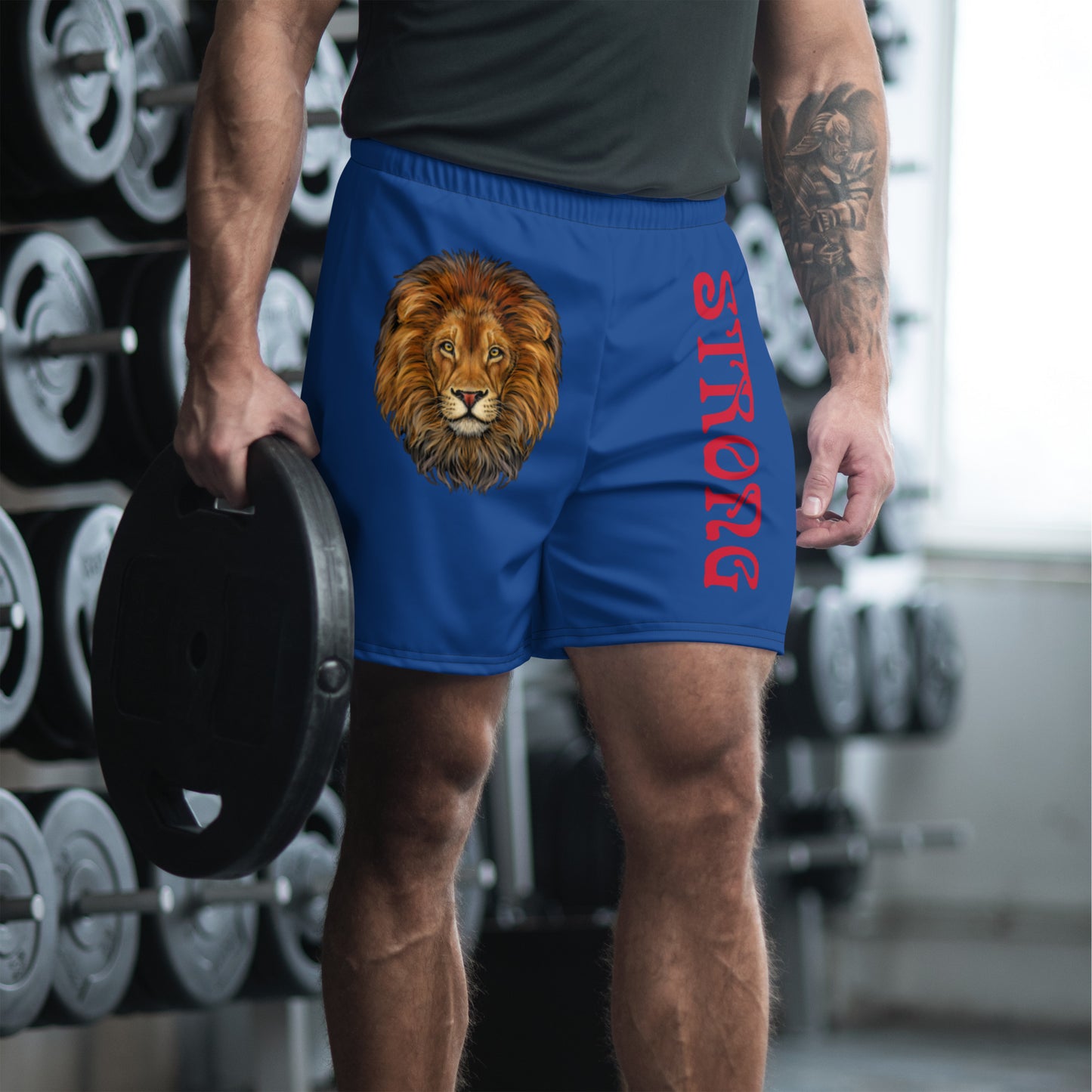 “STRONG”Blue Men's Athletic Shorts W/Red Font