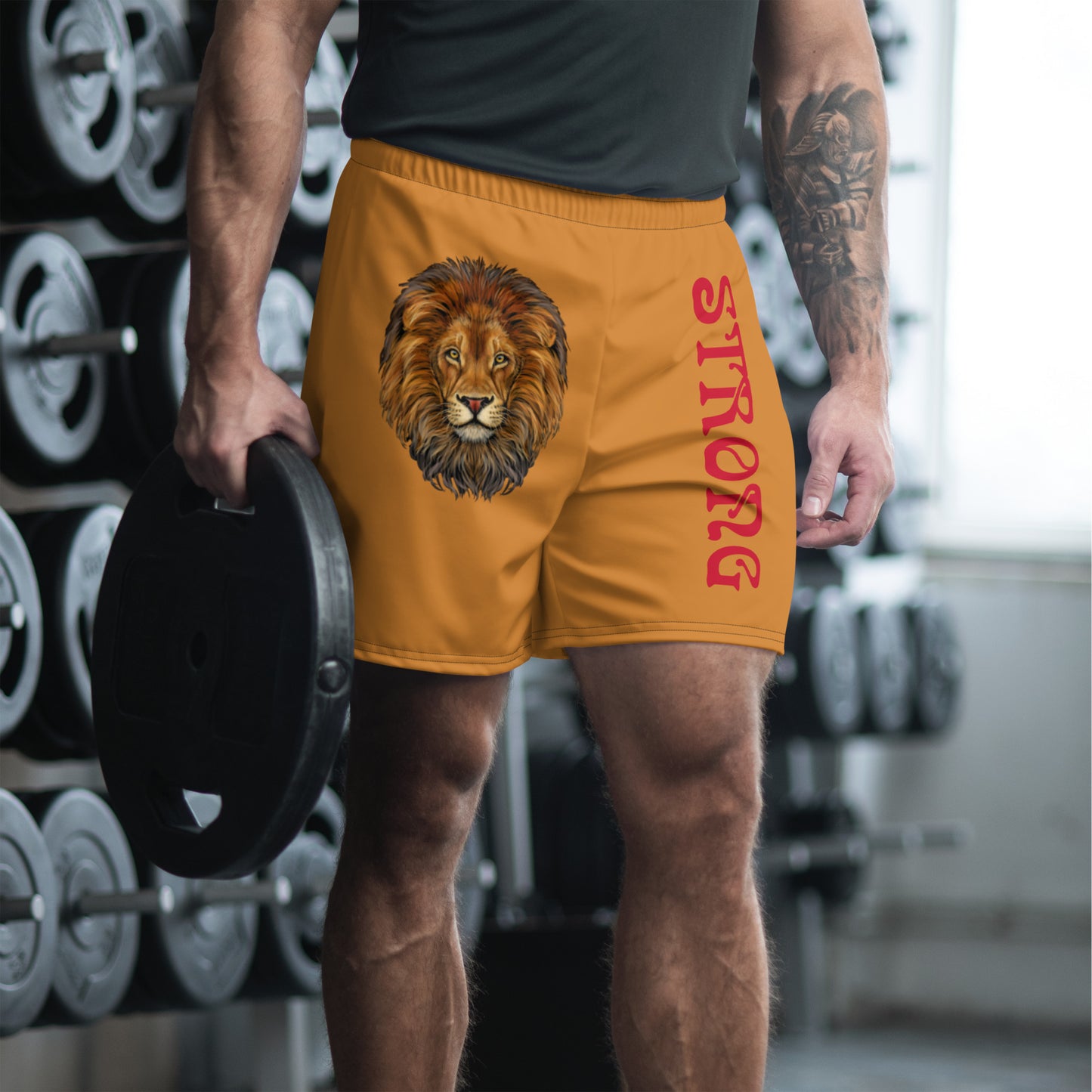 “STRONG”Bronze Men's Athletic Shorts W/Red Font