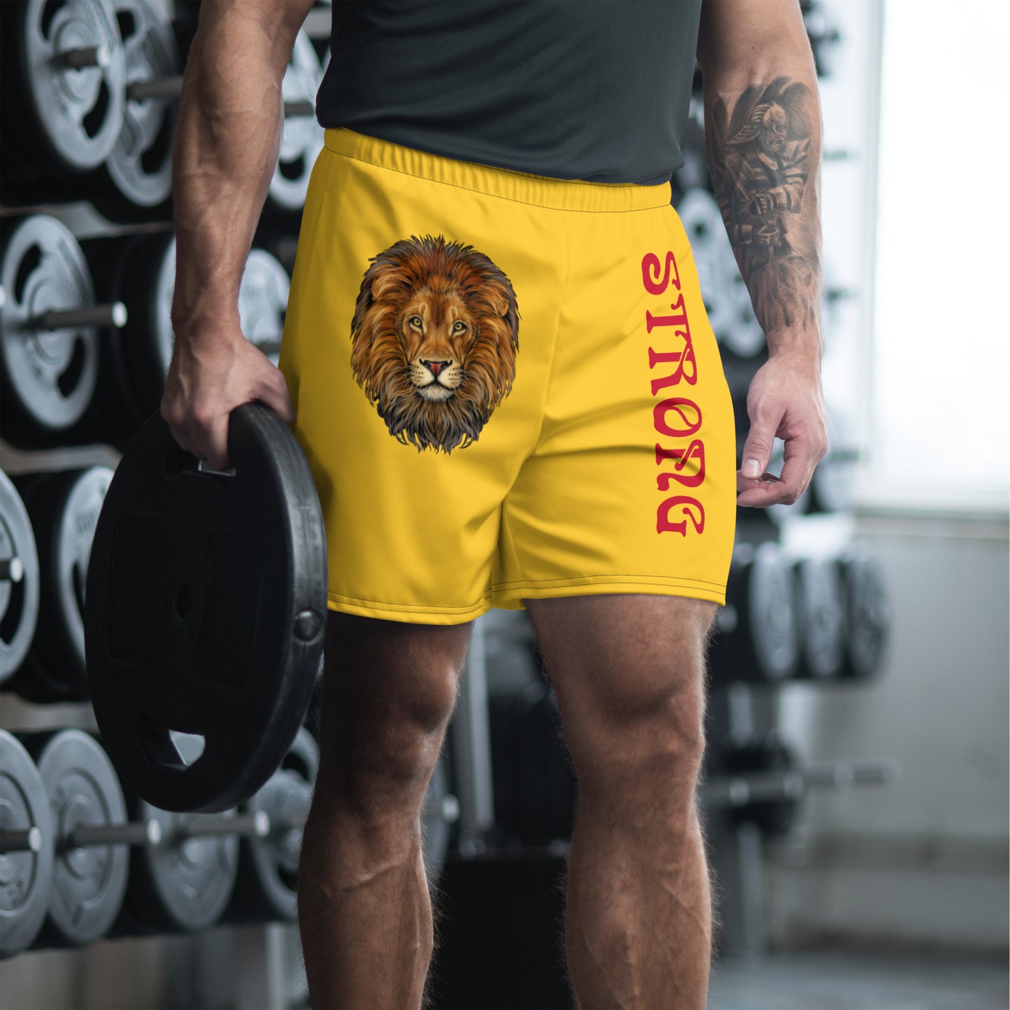 “STRONG”Yellow Men's Athletic Shorts W/Red Font