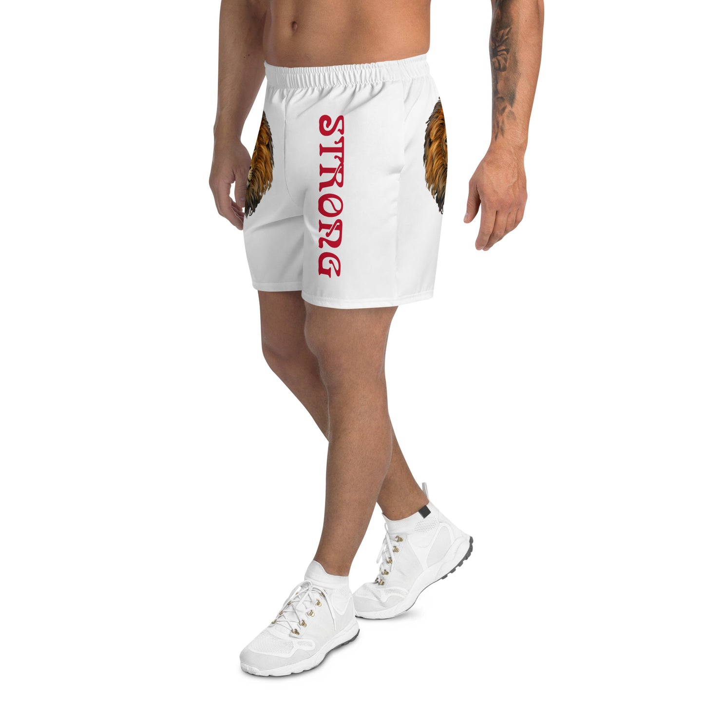 “STRONG” White Men's Athletic Shorts W/Red Font