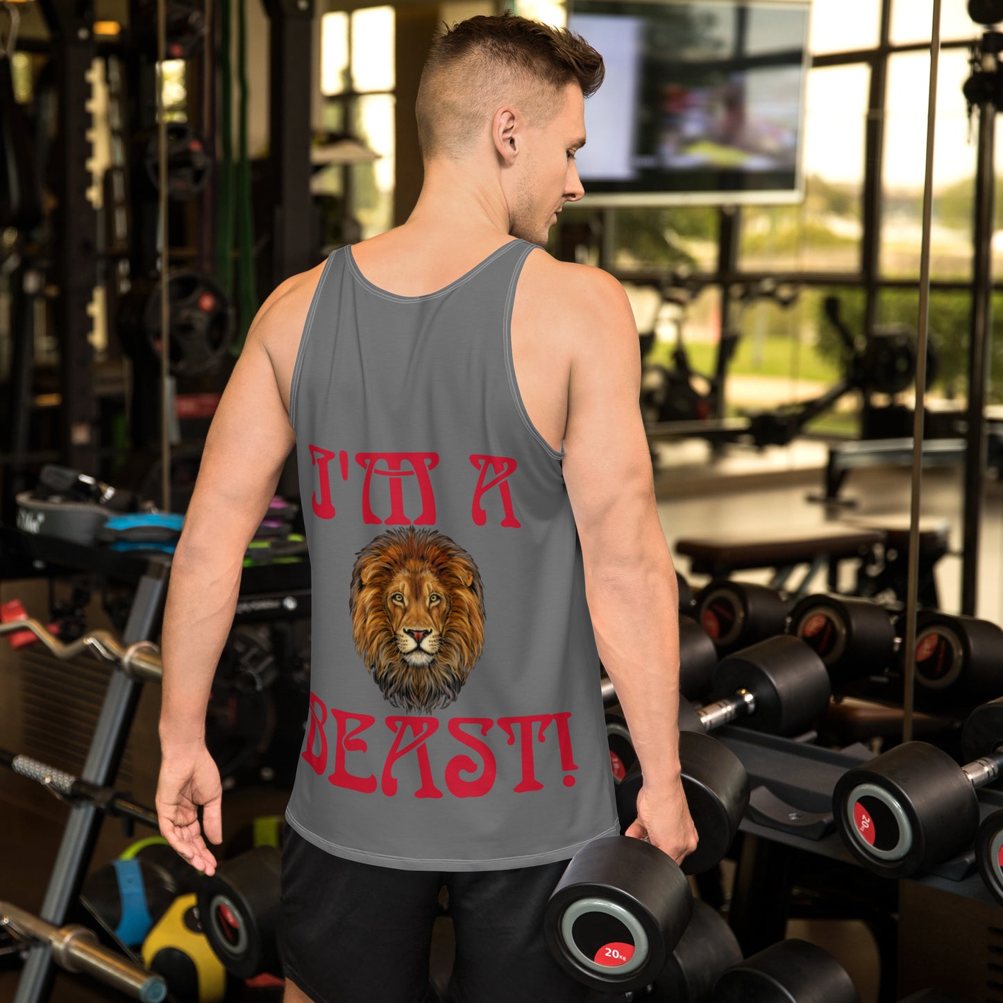 “I’M A BEAST!”Grey Men’s Tank Top W/Red Font