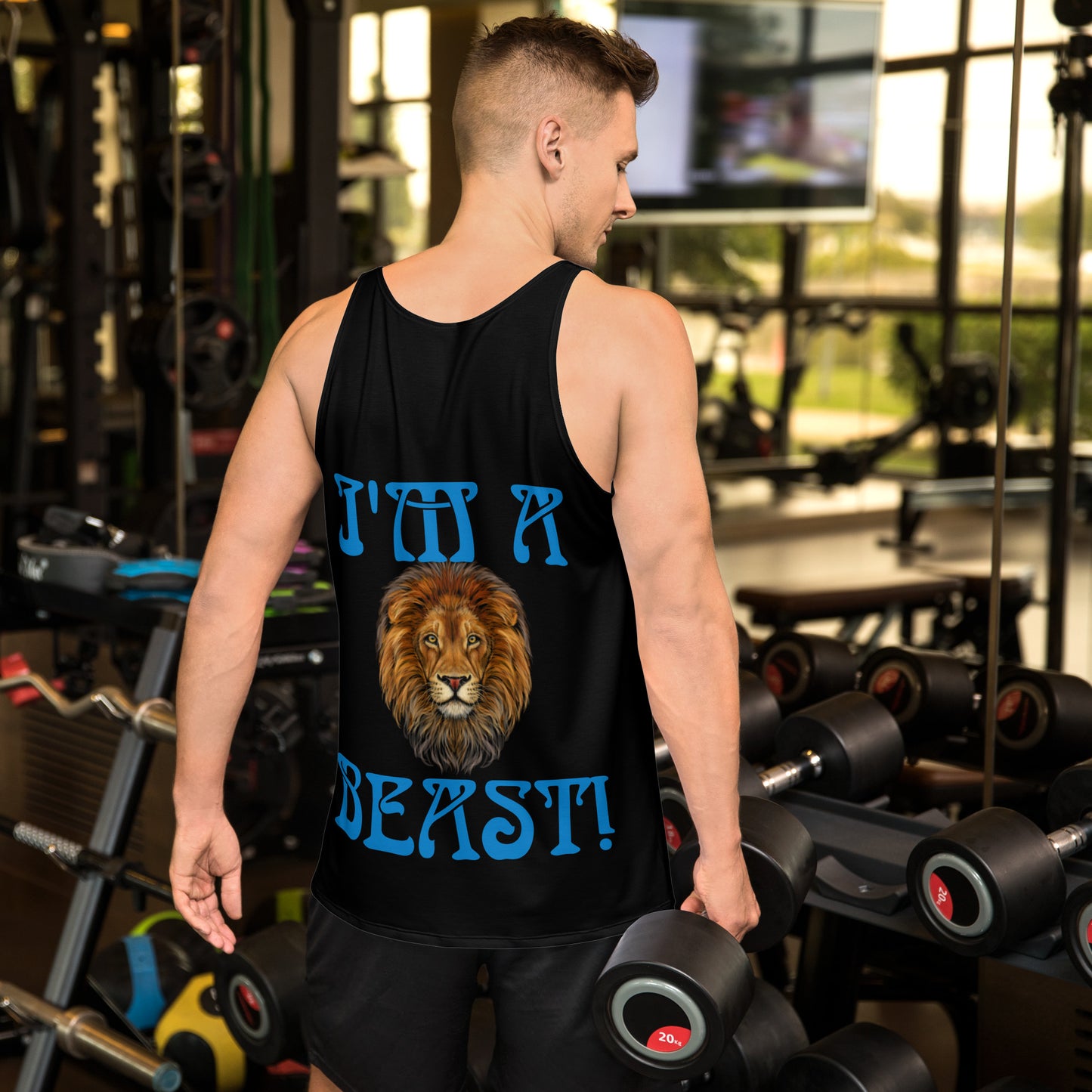 “I’M A BEAST!”Black Men’s Tank Top W/Navy Blue Font