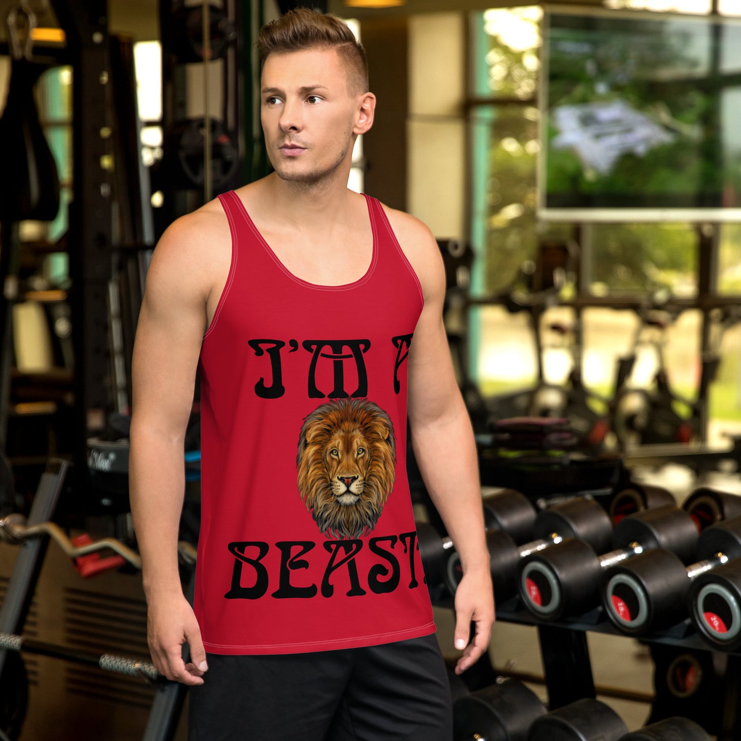 “I’M A BEAST!”Red Men’s Tank Top W/Black Font