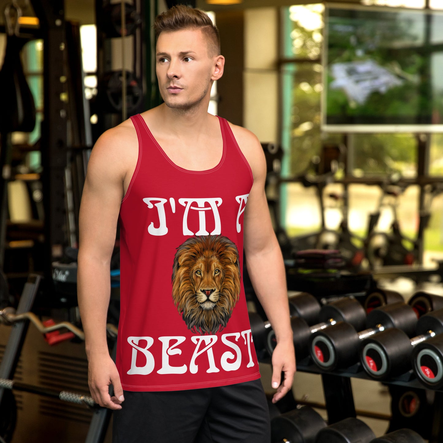 “I’M A BEAST!”Red Men’s Tank Top W/White Font