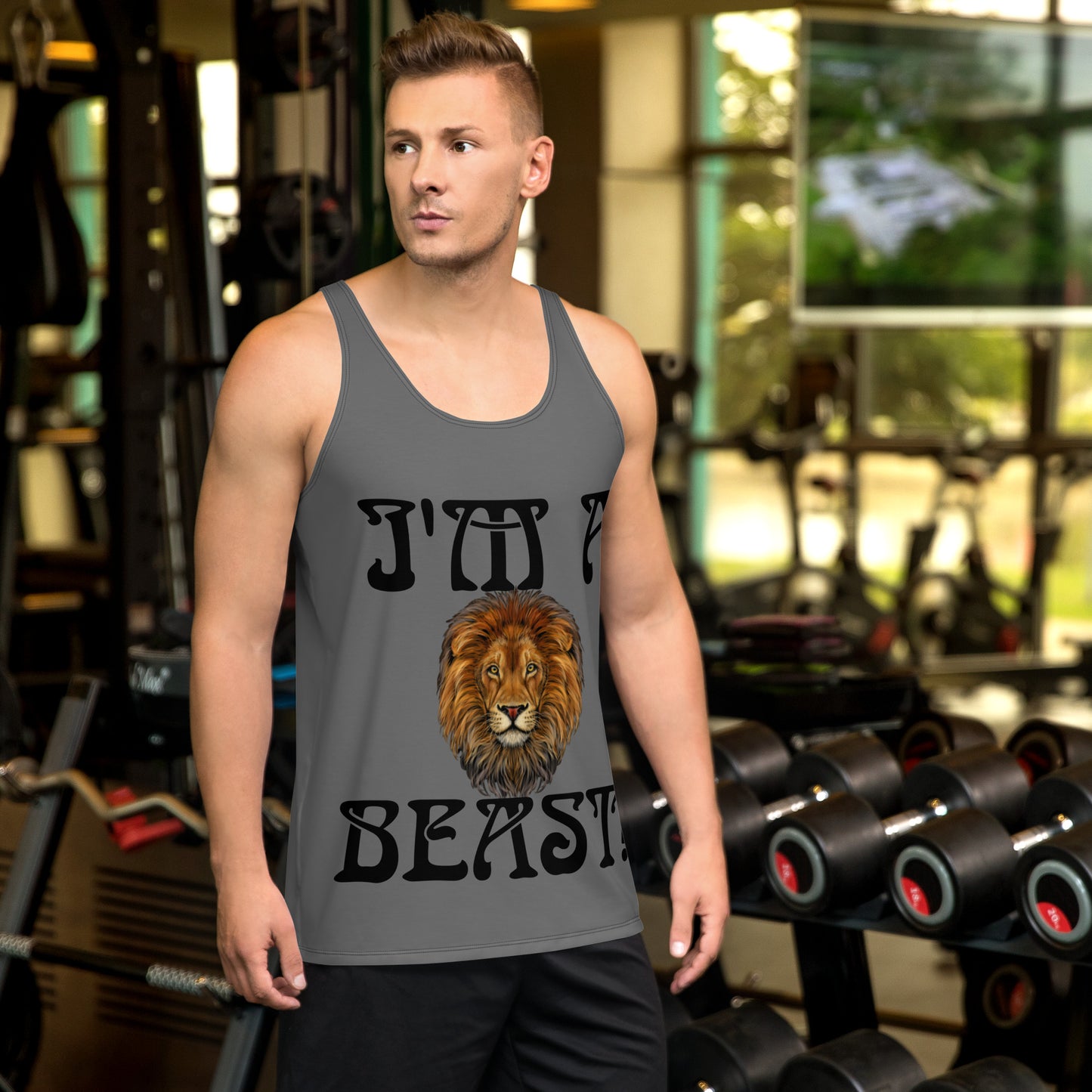 “I’M A BEAST!”Grey Men’s Tank Top W/Black Font