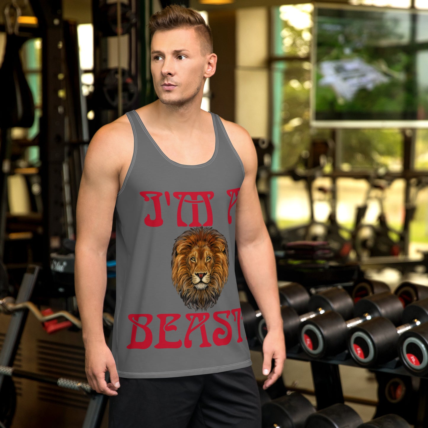 “I’M A BEAST!”Grey Men’s Tank Top W/Red Font