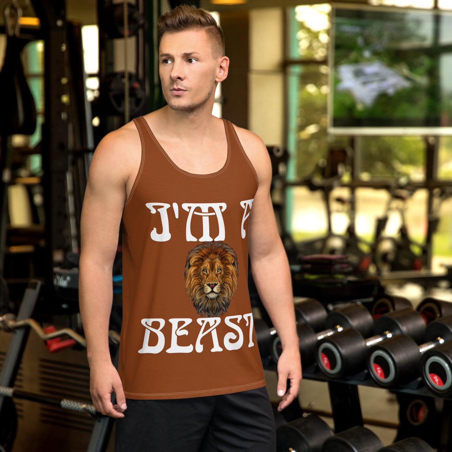 “I’M A BEAST!”Brown Men’s Tank Top W/White Font