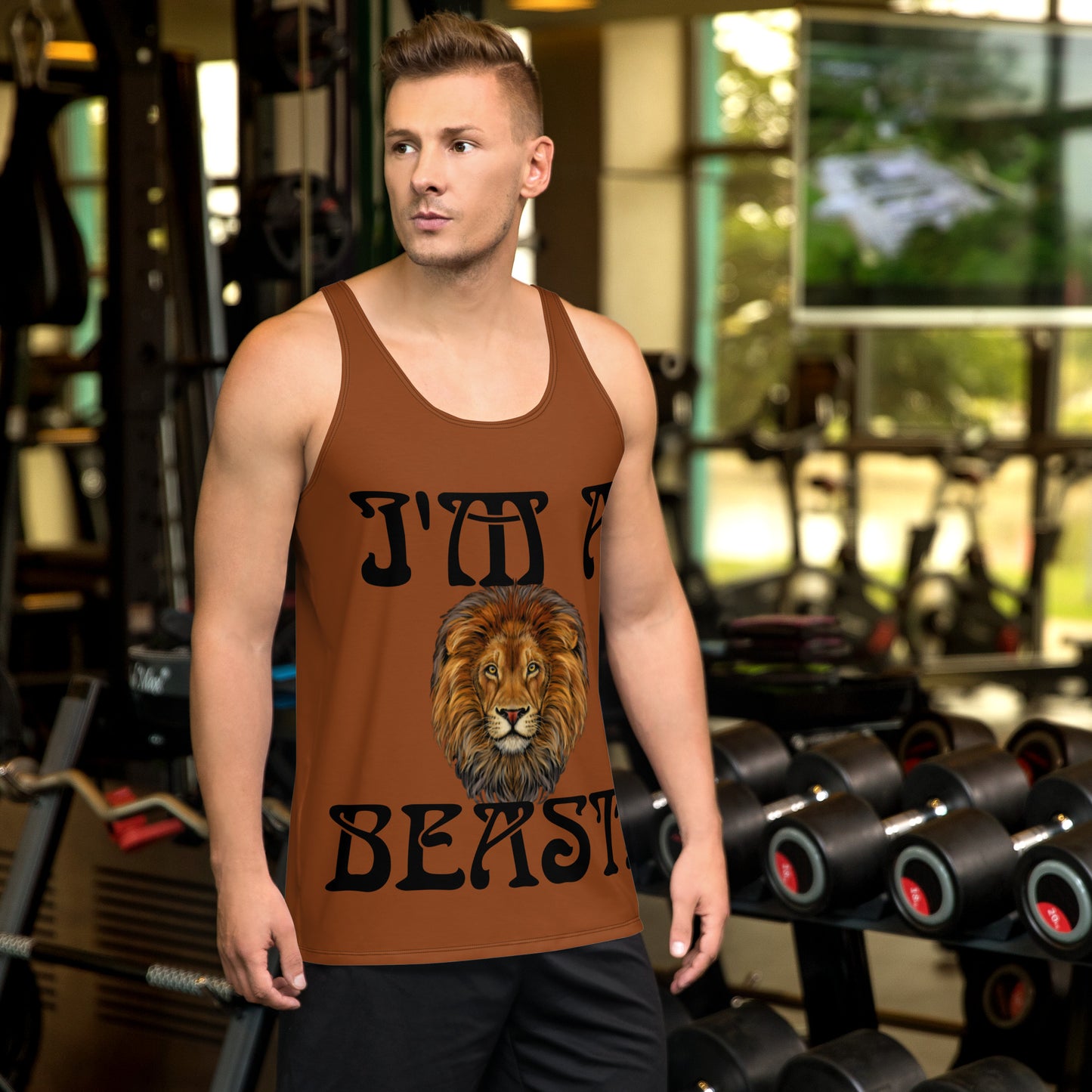 “I’M A BEAST!”Brown Men’s Tank Top W/Black Font