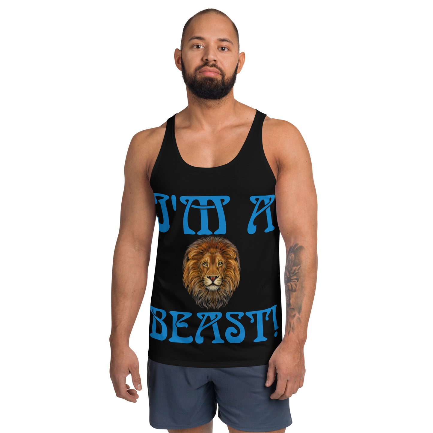 “I’M A BEAST!”Black Men’s Tank Top W/Navy Blue Font