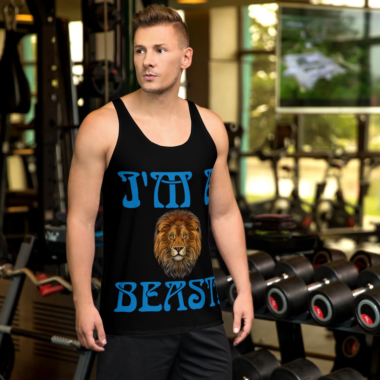 “I’M A BEAST!”Black Men’s Tank Top W/Navy Blue Font