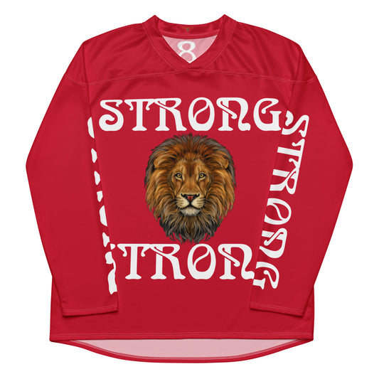 “STRONG”#8Red Unisex Recycled Hockey Fan Jersey W/White Font