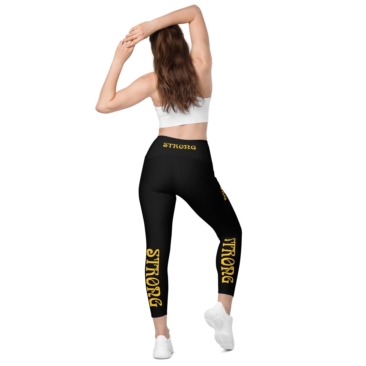 “STRONG” Black Leggings W/Pockets & Yellow Font