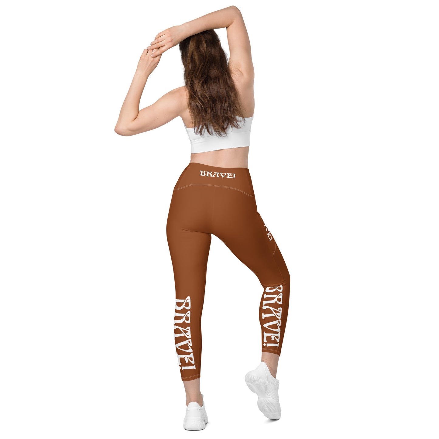 “BRAVE!”Brown Leggings W/Pockets & White Font