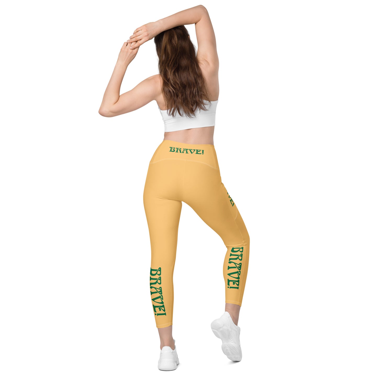 “BRAVE!” Chardonnay Leggings W/Pockets & Green Font