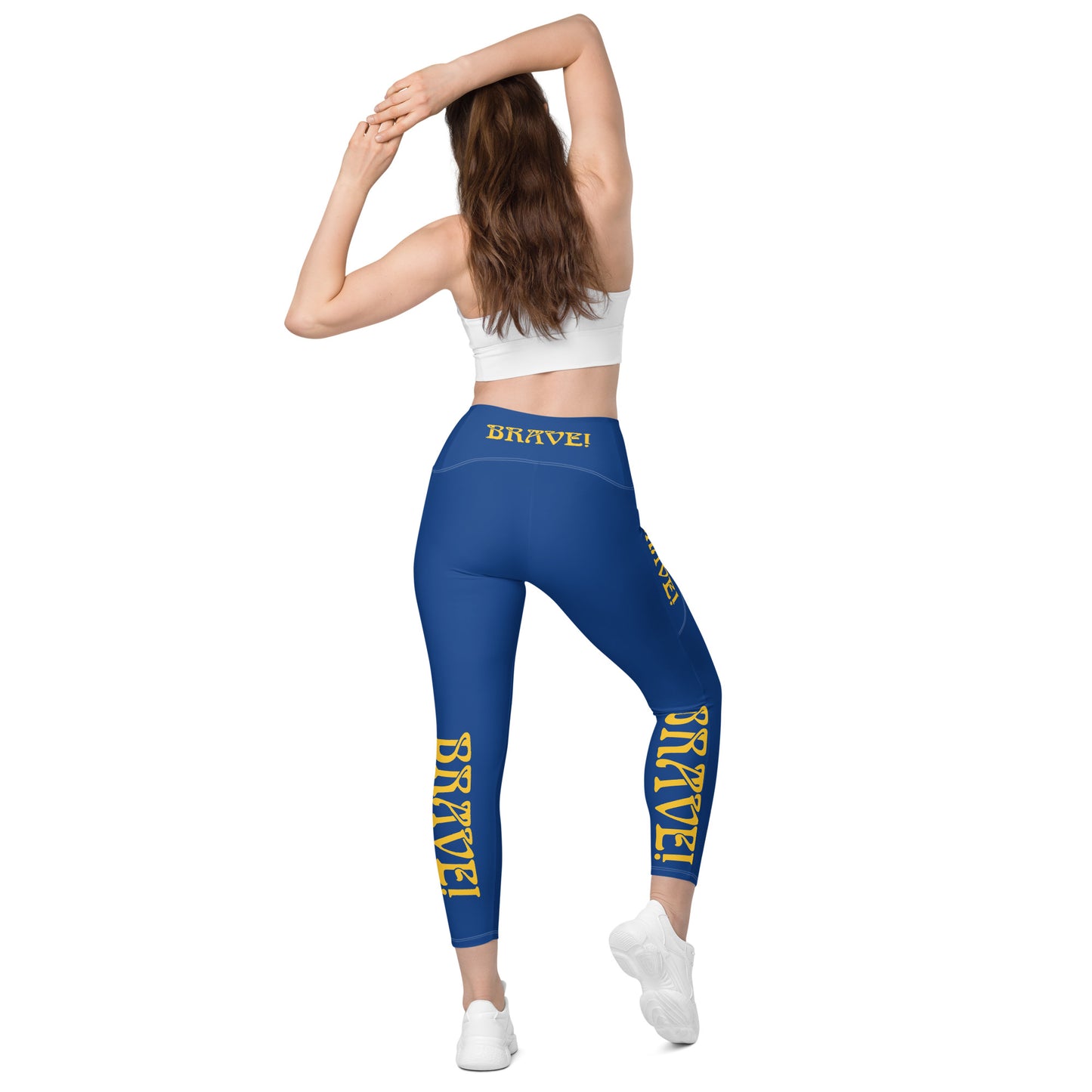 “BRAVE!” Blue Leggings W/Pockets & Yellow Font